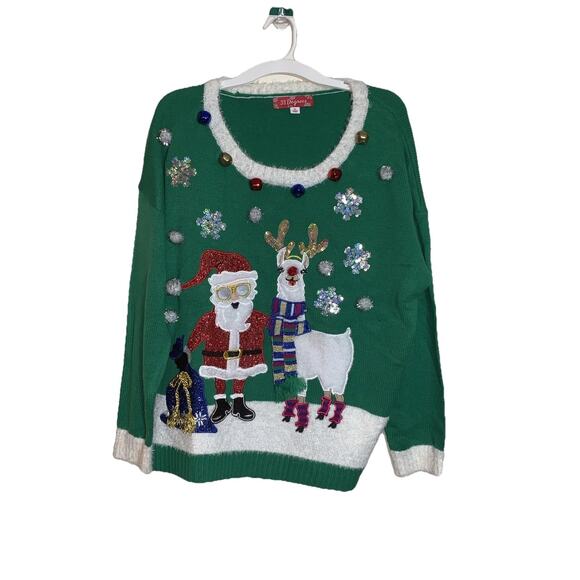 Womens XL Ugly Christmas Sweater Llama Reindeer Santa Green Sequins Jingle Bells - Picture 2 of 7